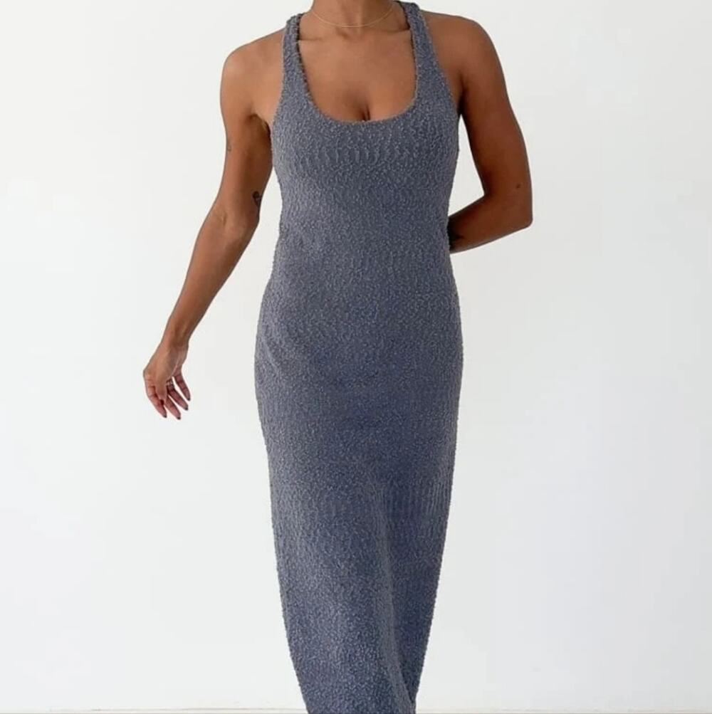 Rumored Cloud Nine Racerback Textured Knit Maxi Dress Denim Blue Bodycon NWT M